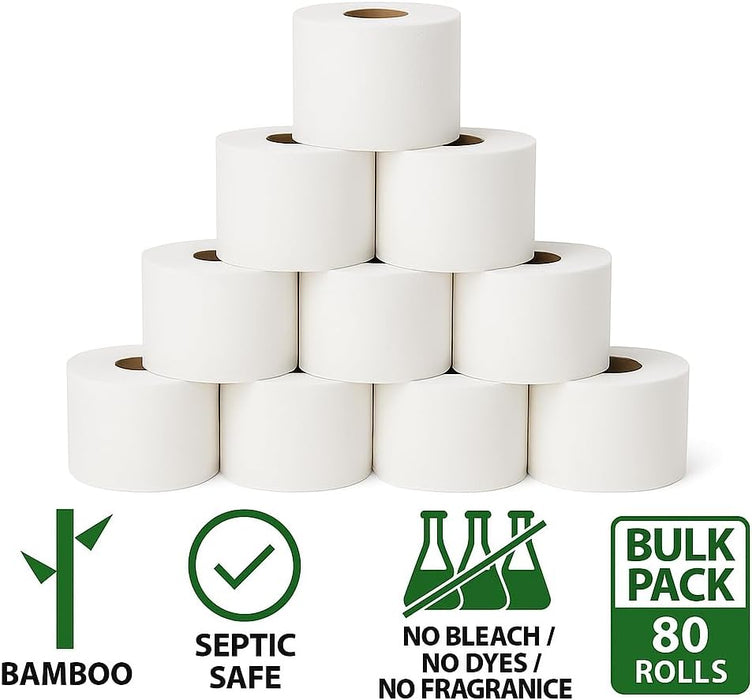 Bamboo Toilet Paper – 80 Rolls, 3-Ply, 400 Sheets, Bulk for Business, Commercial & Schools
