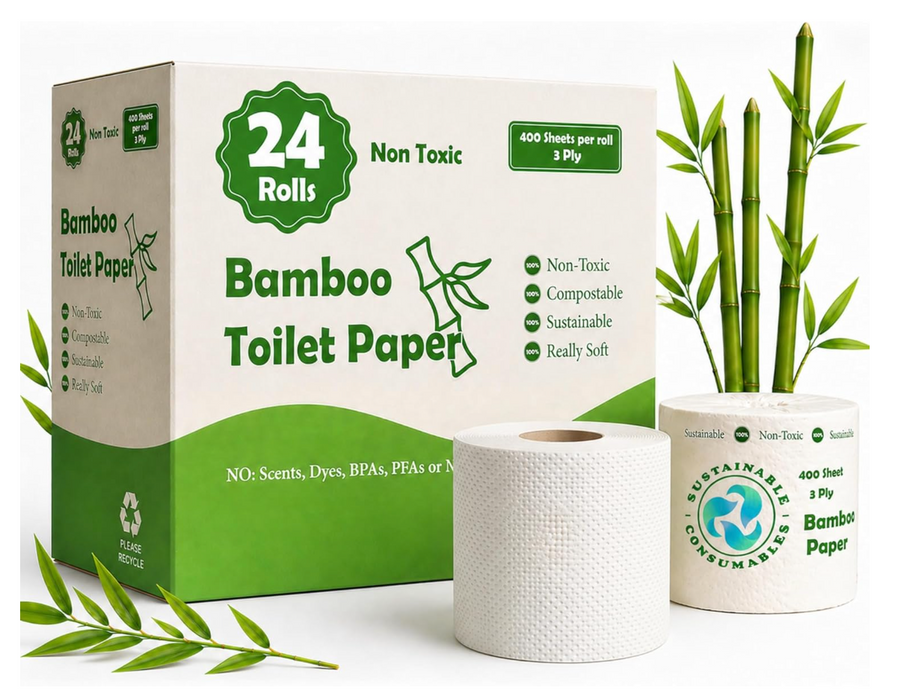 Healthy, Organic Bamboo Toilet Paper – 24 Rolls, 3-Ply, 400 Sheets Per Roll, Individually Wrapped