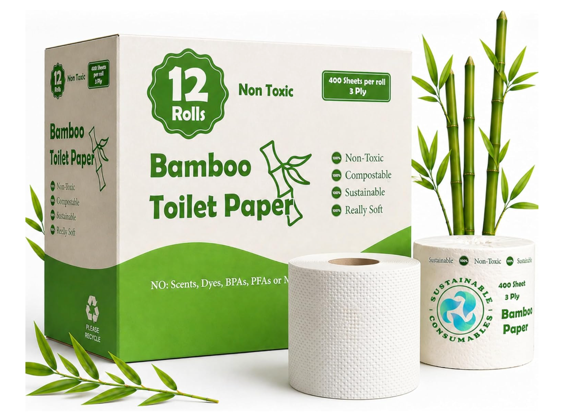 Healthy Organic Bamboo Toilet Paper – 12 Rolls, 3-Ply, 400 Sheets Per Roll, Individually Wrapped